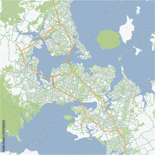 Road map of Auckland in New Zealand. Contains layered vector with roads water, parks, etc.
