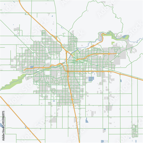 Road map of Bakersfield in California. Contains layered vector with roads water, parks, etc.