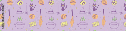 Halloween seamless pattern with good witch symbols - cat, magic book, witch hat, broom and cauldron. Power girls theme. Cute holiday kids decor