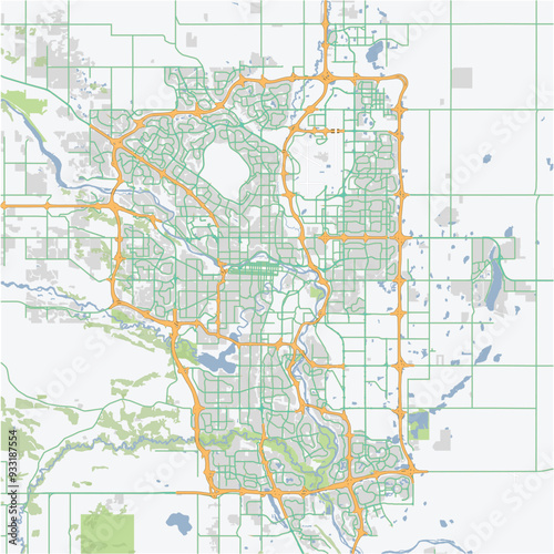 Road map of Calgary in Canada. Contains layered vector with roads water, parks, etc.