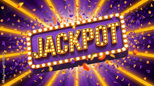 Jackpot retro signboard with glowing marquee lights and colorful confetti explosion against a radiant purple and gold burst background, evoking excitement, success, and celebration in a vibrant casino