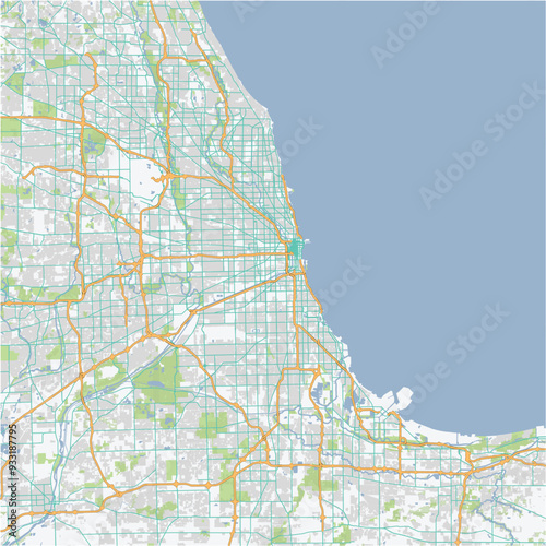 Road map of Chicago in Illinois. Contains layered vector with roads water, parks, etc.