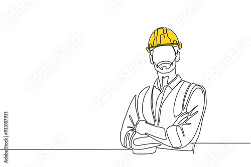 Fototapeta Naklejka Na Ścianę i Meble -  Single continuous line drawing of young construction worker. Building architecture business concept. One line draw design transparent background	