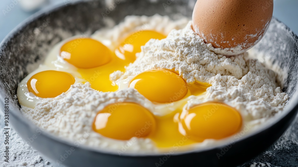 Eggs being beaten and mixed with flour for a cake Eggs being beaten and mixed with flour for a cake
