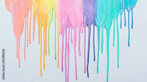 Vibrant pastel paint drips forming colorful streaks on a white backdrop, emphasizing the fluidity of the paint.
