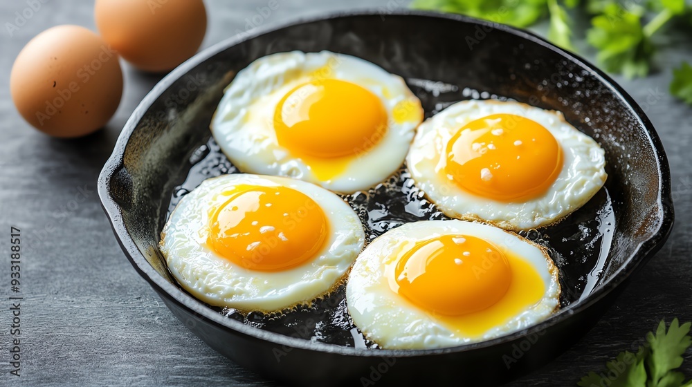 Eggs frying in a cast iron skillet with sizzling butter Eggs frying in a cast iron skillet with sizzling butter