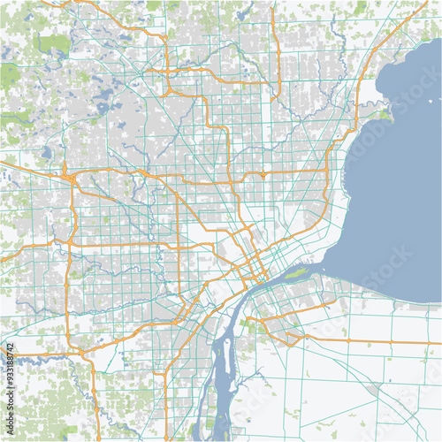 Road map of Detroit in Michigan. Contains layered vector with roads water, parks, etc.