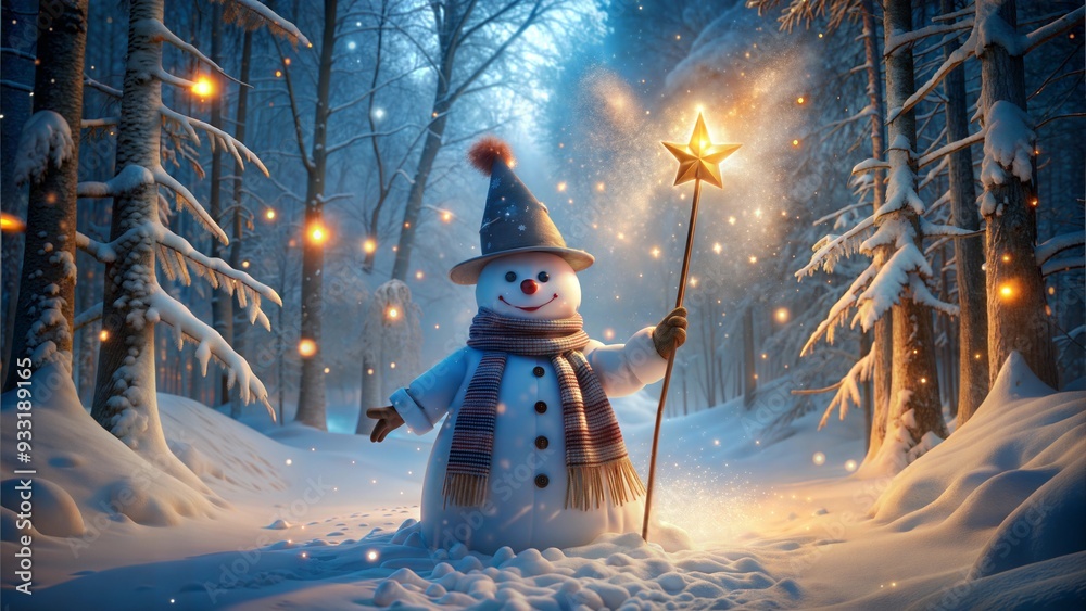 Fototapeta premium nowman in Enchanted Forest Holding a Star Staff