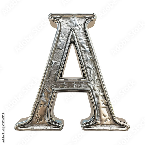 the 3d letter 'A' made of SILVER , serif font, standing, isolated on a white transparent background