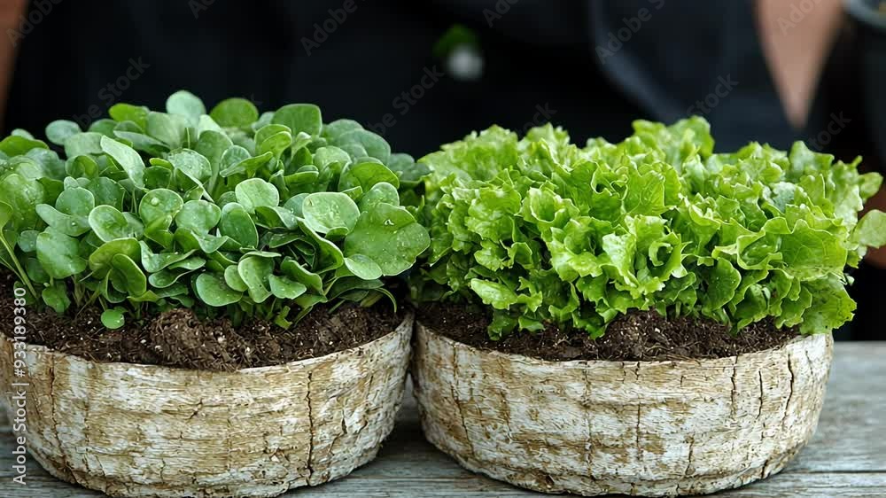 Two varieties of leafy greens showcase vibrant colors and textures in unique rustic planters at a bustling farmer's market. Two varieties of leafy greens showcase vibrant colors and textures in unique rustic planters at a bustling farmer's market.