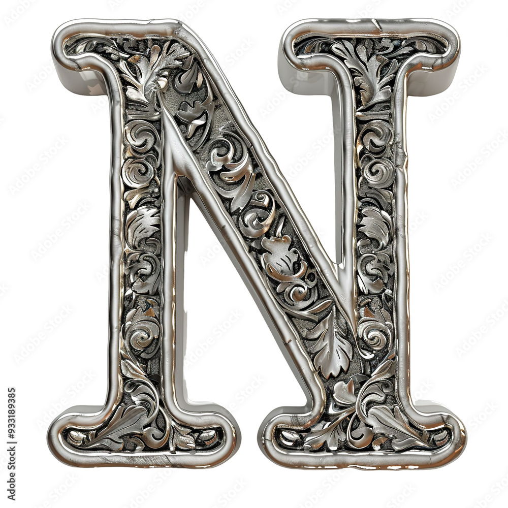 the 3d letter 'N' made of SILVER , serif font, standing, isolated on a white transparent background the 3d letter 'N' made of SILVER , serif font, standing, isolated on a white transparent background
