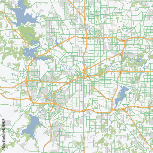 Road map of Fort Worth in Texas. Contains layered vector with roads water, parks, etc.