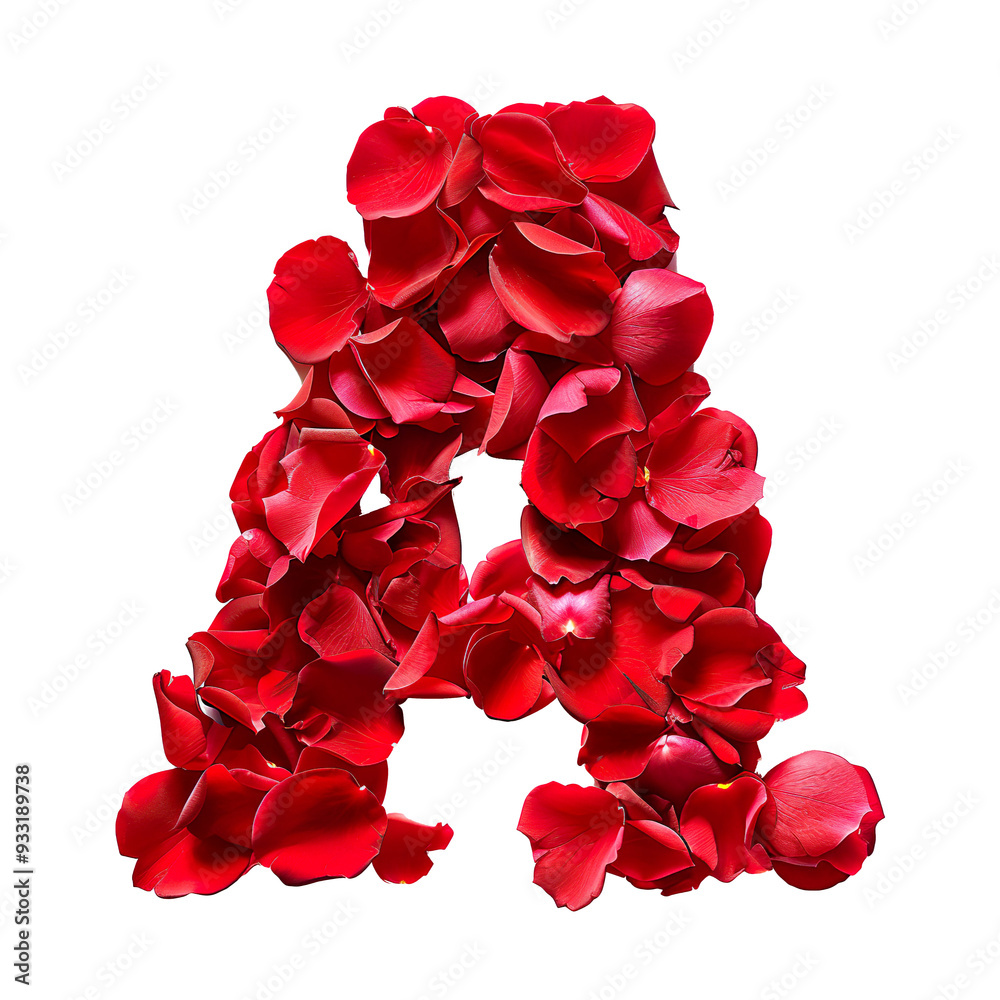 The letter 'A' made with a bunch of red rose petals isolated on a white transparent background