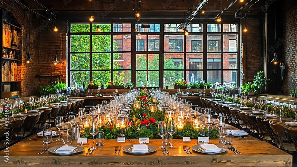 A beautifully arranged long dining table adorned with candles and floral decorations, set in a vibrant urban space featuring large windows.