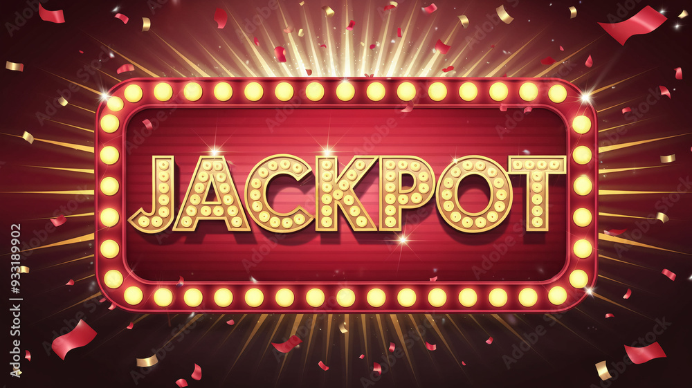 Jackpot retro signboard with glowing marquee lights, surrounded by red and gold confetti, and a radiant burst background, symbolizing excitement, celebration, and success in a casino or entertainment Jackpot retro signboard with glowing marquee lights, surrounded by red and gold confetti, and a radiant burst background, symbolizing excitement, celebration, and success in a casino or entertainment