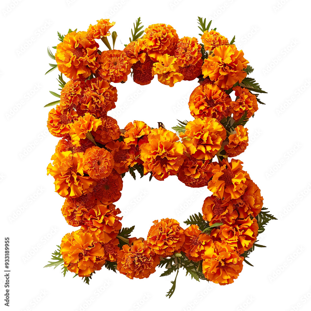 The letter 'B' made with a bunch of Marigold flowers isolated on a white transparent background The letter 'B' made with a bunch of Marigold flowers isolated on a white transparent background