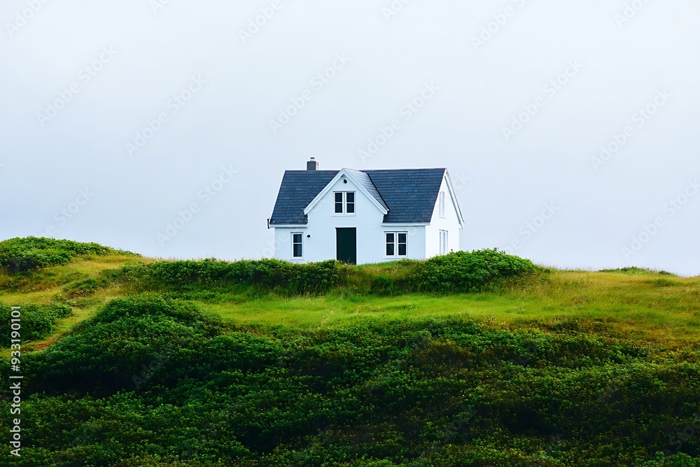 A small white house is sitting on a grassy hill. A small white house is sitting on a grassy hill.