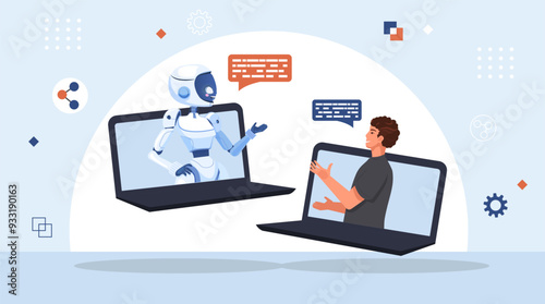 Online communication with chat bot concept. Robot answer customer in chatbot service. Dialog between AI assistant and user in messenger. Online web banner landing page AI assistant support