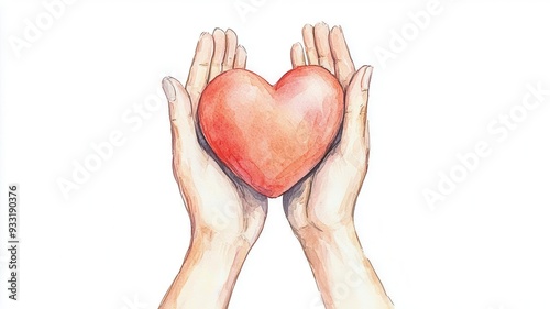 Hands lifting a heart, support and care, soft pastel colors, watercolor illustration, isolated on white background