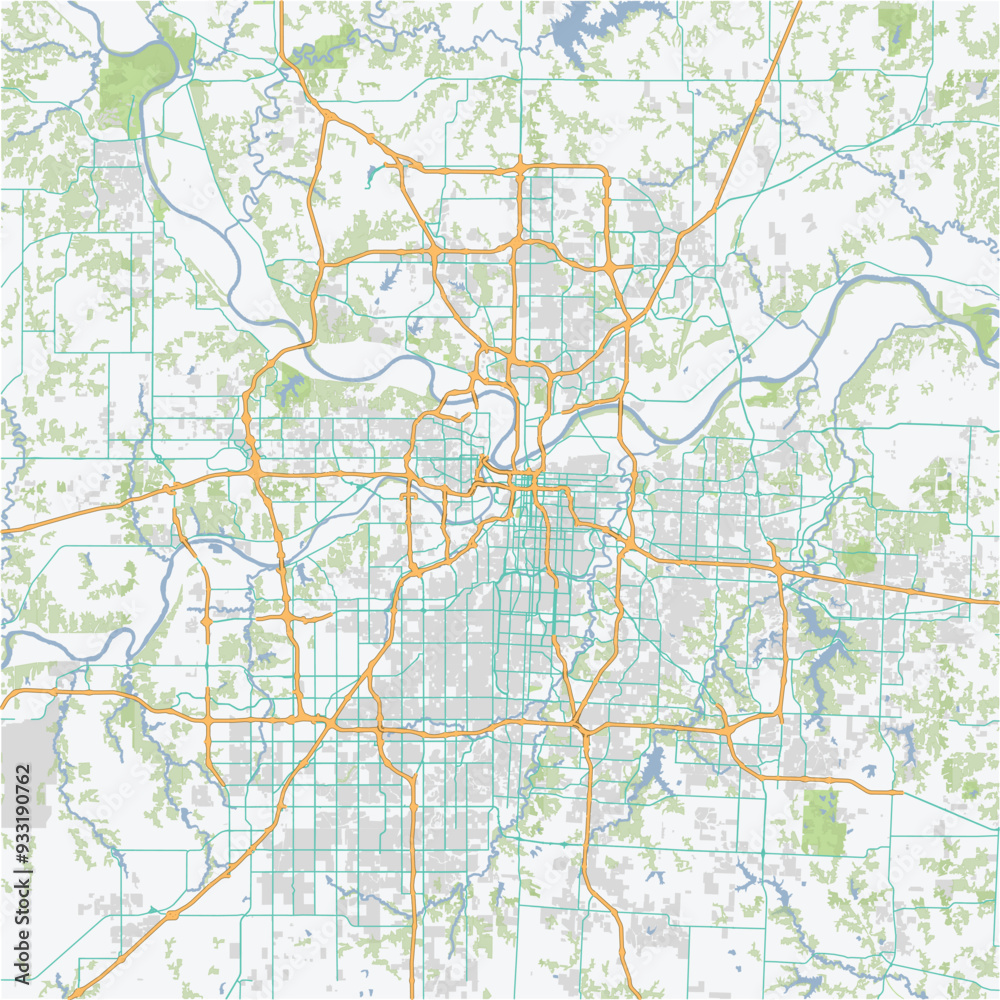 Road map of Kansas City in Missouri. Contains layered vector with roads water, parks, etc. Road map of Kansas City in Missouri. Contains layered vector with roads water, parks, etc.