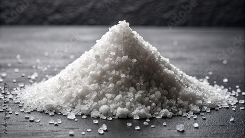 White salt crystals form a towering pyramid-like pile against a dark grey background, with small hills and valleys created by the granules' texture. photo