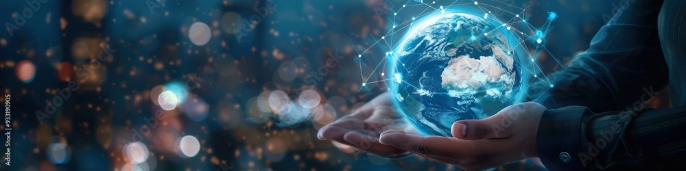 Digital earth and global connectivity in businessman's hands, blurred background, IoT concept, photorealistic details. Digital earth and global connectivity in businessman's hands, blurred background, IoT concept, photorealistic details.