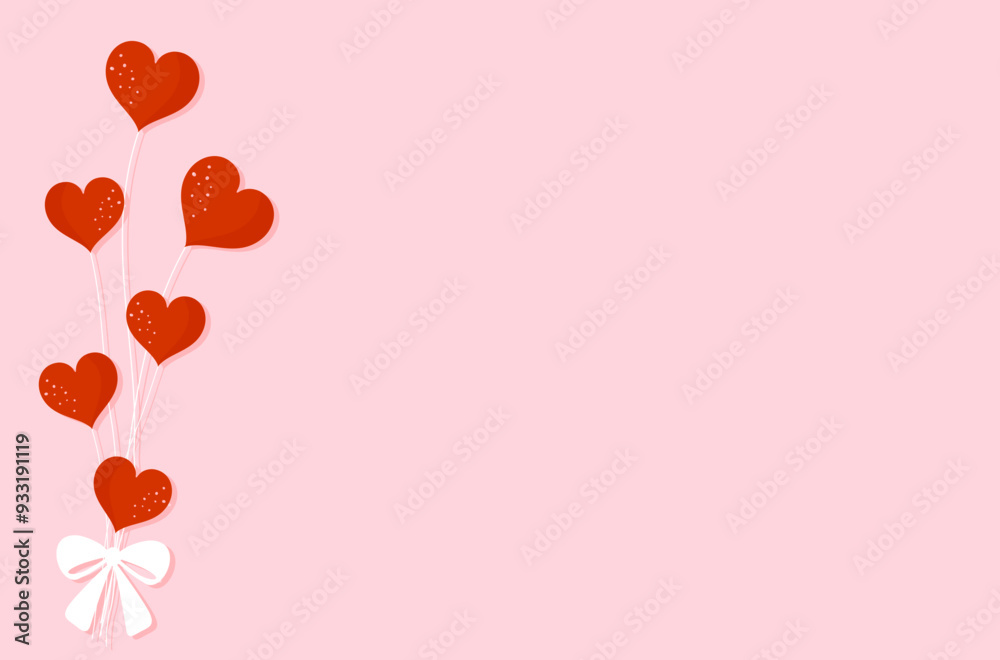 Red heart balloons and white ribbon bow on pink background vector. Red heart balloons and white ribbon bow on pink background vector.