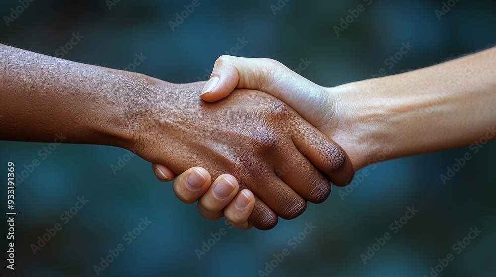 A dark and light hand join together in a handshake symbolizing unity and mutual respect. A dark and light hand join together in a handshake symbolizing unity and mutual respect.