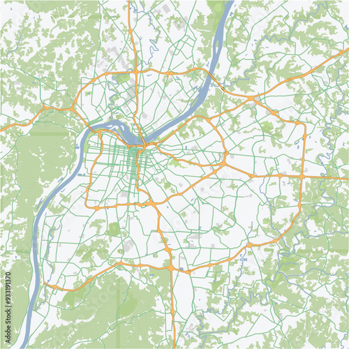 Road map of Louisville in Kentucky. Contains layered vector with roads water, parks, etc.