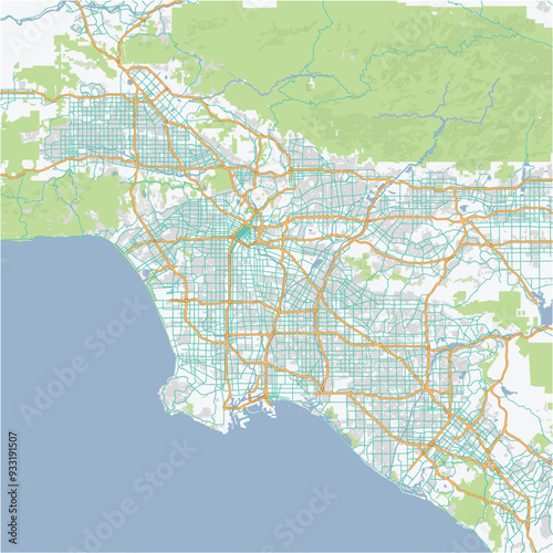Road map of Los Angeles in California. Contains layered vector with roads water, parks, etc.
