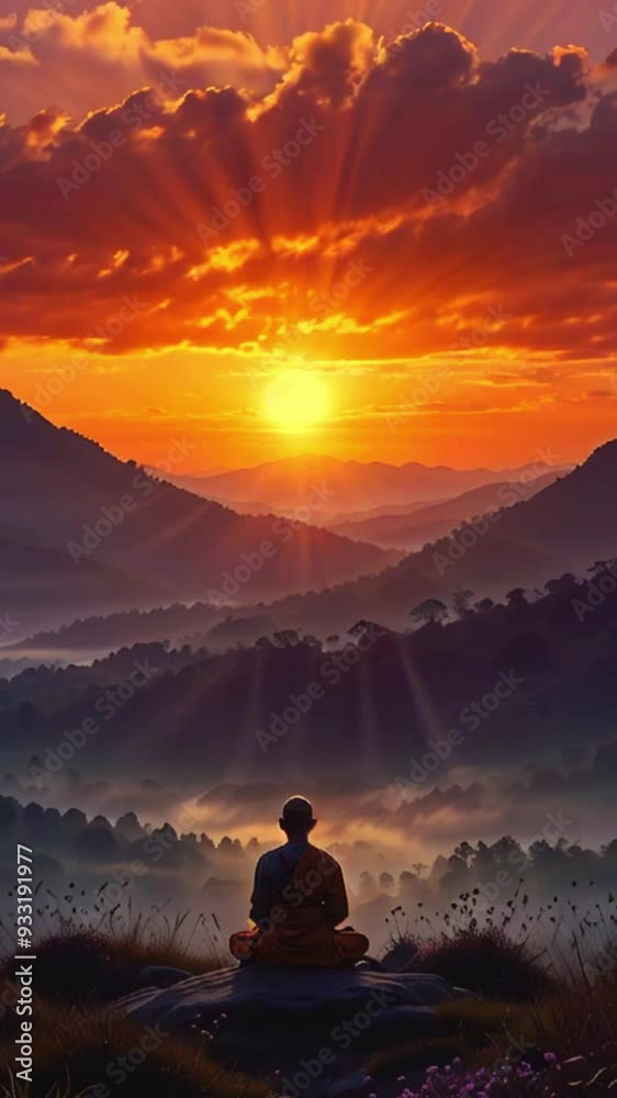 Serene Meditation Scene with a Monk Sitting Peacefully on a Mountain Peak at Sunrise, Sun Rays Illuminating Misty Valleys and Rolling Hills Serene Meditation Scene with a Monk Sitting Peacefully on a Mountain Peak at Sunrise, Sun Rays Illuminating Misty Valleys and Rolling Hills