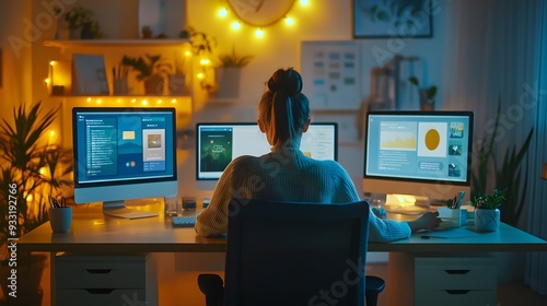 Parent updating screen time settings on multiple devices, bright home office lighting, organized and efficient setup, proactive and protective mood