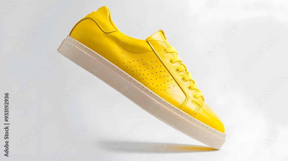 Flying yellow leather womens sneakers isolated on white background. Fashionable stylish sports casual shoes. Creative minimalistic layout with footwear. Mock up for design advertising for shoe store. Flying yellow leather womens sneakers isolated on white background. Fashionable stylish sports casual shoes. Creative minimalistic layout with footwear. Mock up for design advertising for shoe store.