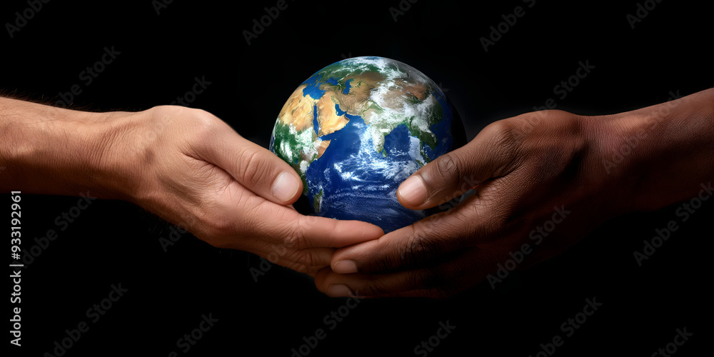 Together - two hands of dark and light complexion hold the earth Together - two hands of dark and light complexion hold the earth