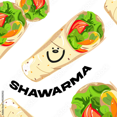 Vector Mexican street food in flat style. Tacos and shawarma characters. World food day illustration. Poster for advertising food establishments