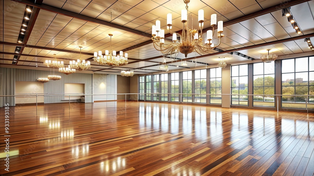 Empty dance studio with shiny wooden floor, mirrored walls, and elegant chandelier, awaiting dancers to bring energy and movement to the tranquil space.