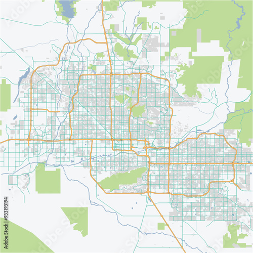 Road map of Phoenix in Arizona. Contains layered vector with roads water, parks, etc.