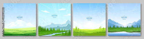 Set of summer posters. Agricultural field, river flowing through the valley, mountains and forest, blue sky, sunny day. Design for postcard, poster, cover. Vector images.