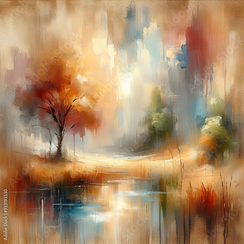 Oil painting an abstract scene on a grainy canvas, a tree in the Autumn scene