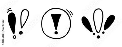 Doodle exclamation mark, notification bell, alert danger information sign set. Scribble hand drawn doodle exclamation point, stop warning sign.