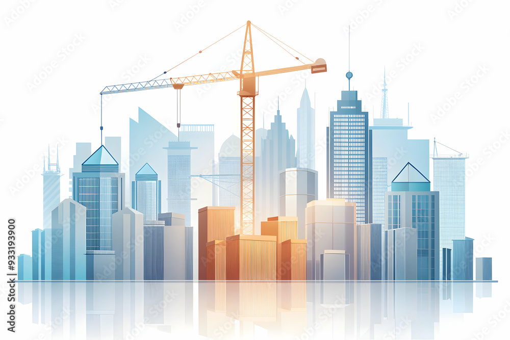 Photo Realistic as Skyline with construction cranes concept as A dynamic city skyline with construction cranes symbolizing growth and hard work perfect for business presentations needing a clean and p Photo Realistic as Skyline with construction cranes concept as A dynamic city skyline with construction cranes symbolizing growth and hard work perfect for business presentations needing a clean and p