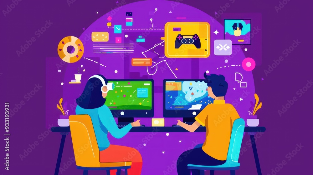 Two Gamers Focused on Their Screens Two Gamers Focused on Their Screens