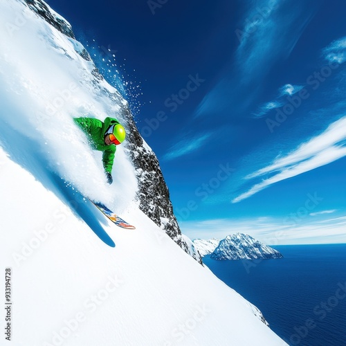 Snowboarder carves through powder atop a snowy mountain overlooking a deep blue sea photo