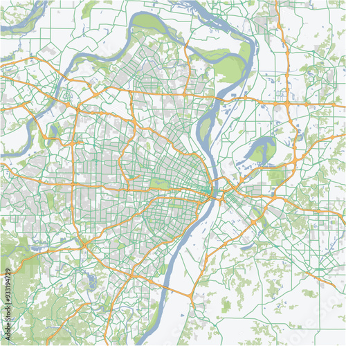 Road map of St. Louis in Missouri. Contains layered vector with roads water, parks, etc.
