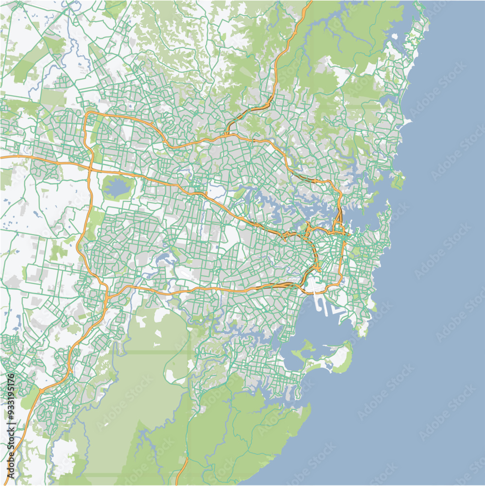 Fototapeta premium Road map of Sydney in Australia. Contains layered vector with roads water, parks, etc.