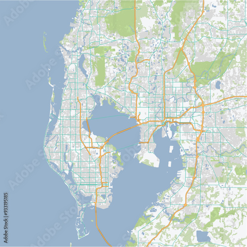 Road map of Tampa in Florida. Contains layered vector with roads water, parks, etc.