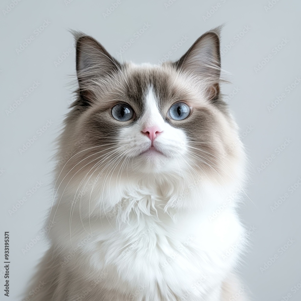 A close-up of a fluffy cat with bright blue eyes against a soft gray background, ideal for pet-related content, veterinary advertisements, or social media posts celebrating feline beauty and elegance A close-up of a fluffy cat with bright blue eyes against a soft gray background, ideal for pet-related content, veterinary advertisements, or social media posts celebrating feline beauty and elegance