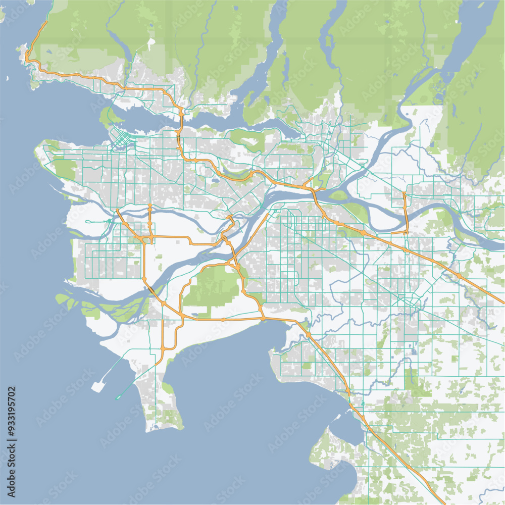 Fototapeta premium Road map of Vancouver in Canada. Contains layered vector with roads water, parks, etc.