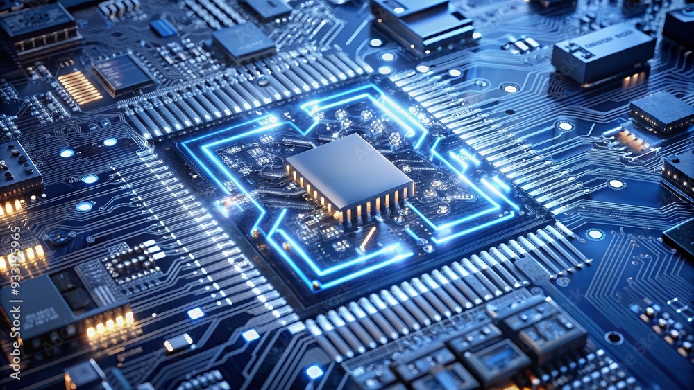 Digital Circuit Board Background with Blue Tones and Microchip Components Digital Circuit Board Background with Blue Tones and Microchip Components