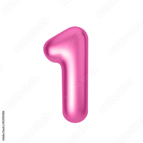 Pink metallic number 1. Foil and latex balloon number One in 3d style. Realistic design elements isolated on white background. Vector illustration
